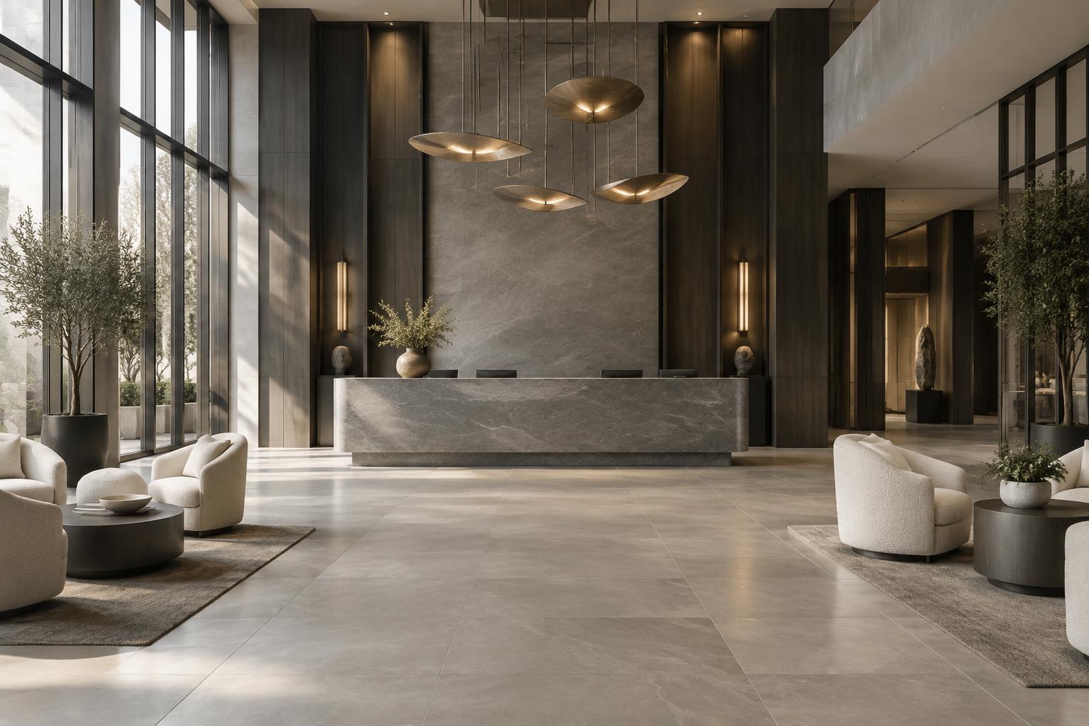 Illustrative boutique hotel lobby with coordinated stone, joinery and furniture